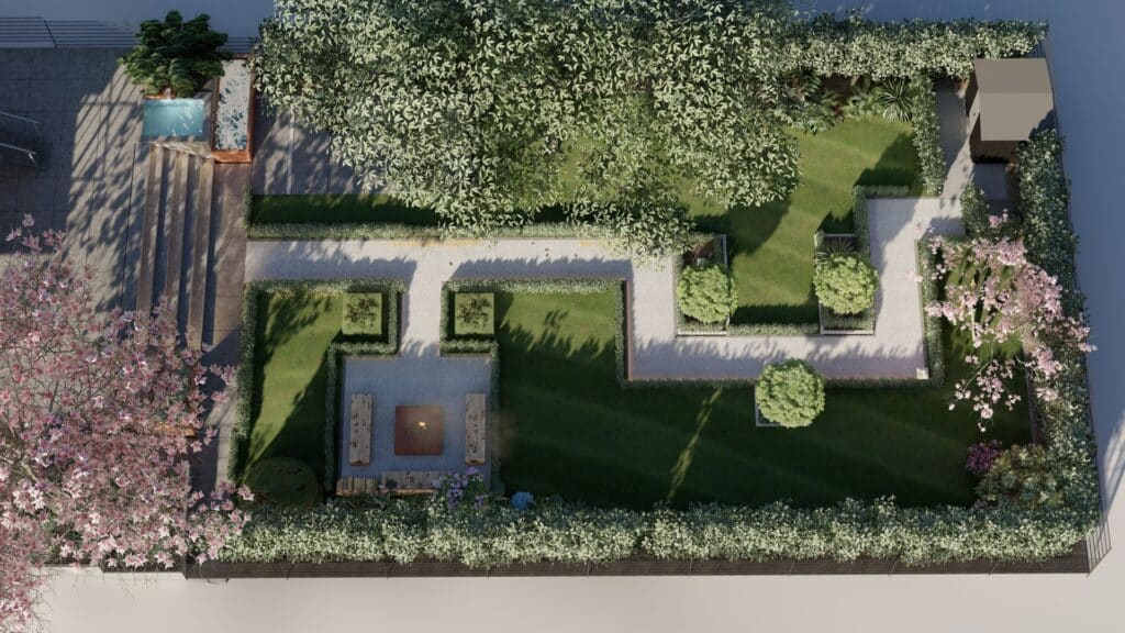 Luftbild eines gruenden Gartens mit Heckenwegen und Sitzplatz im Schatten