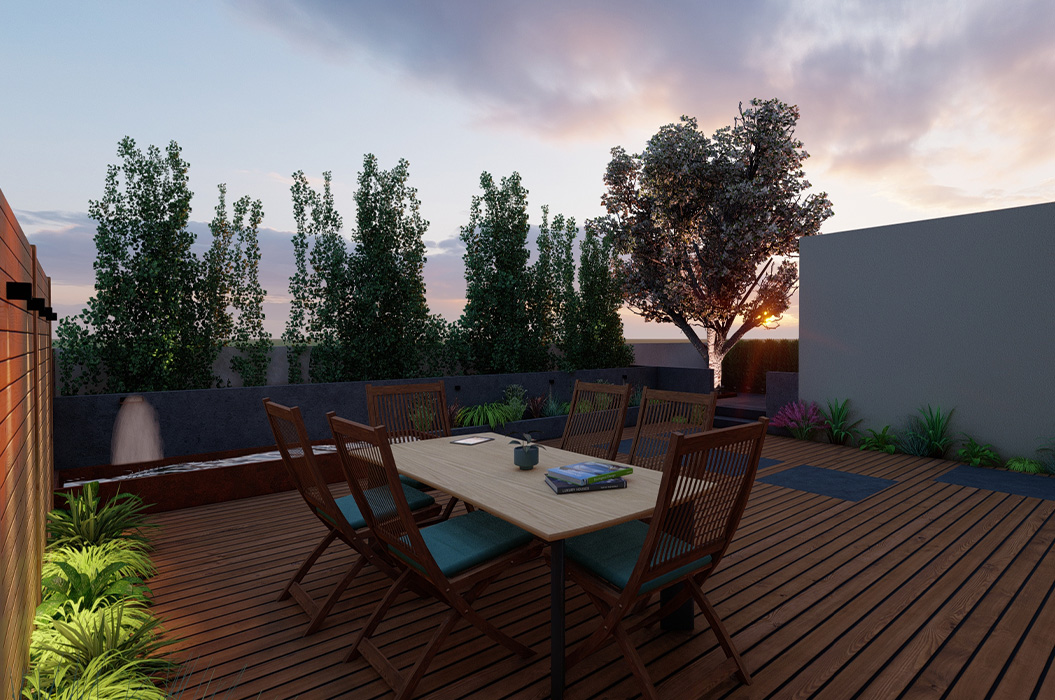 Leere Terrasse mit Holztisch und Stuehlen bei Sonnenuntergang in Braungruenn