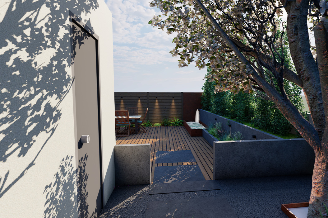 Sonnige Terrasse in Grau und Braun mit Holzdeck und Baum im Schatten