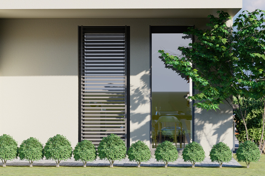 Moderne Hausfassade in Beige mit Lamellenfenster und gruenen Bueschen