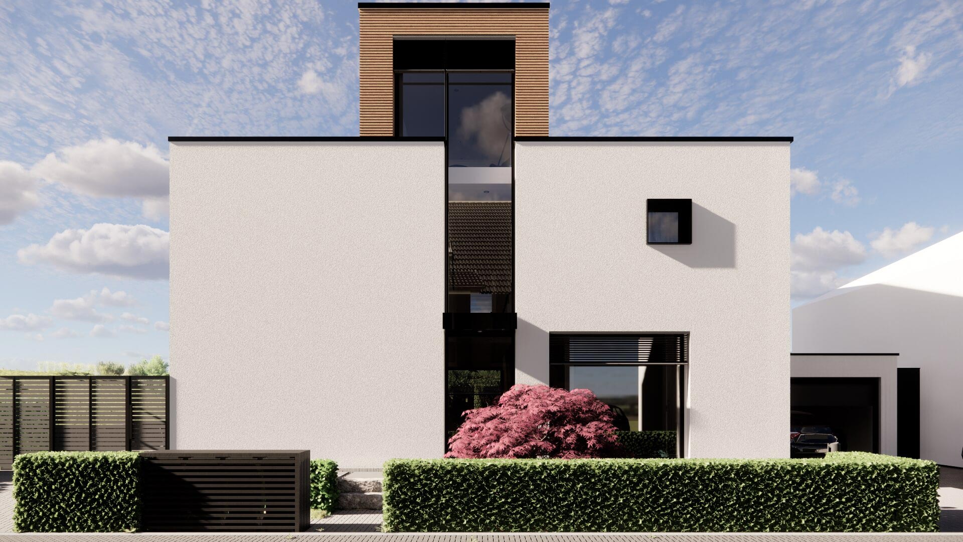 Modernes weißes Haus mit dunklen Fenstern, klar und elegant, rosa Strauch