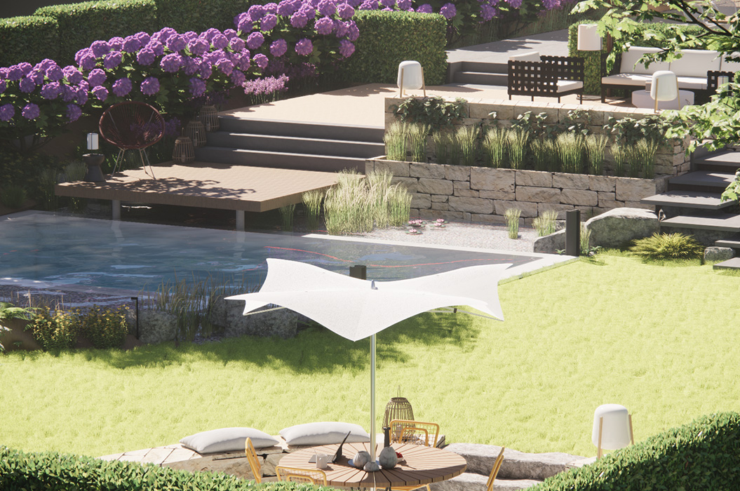 Sonniger Garten mit Pool, weißen Liegen und violetten Hortensien