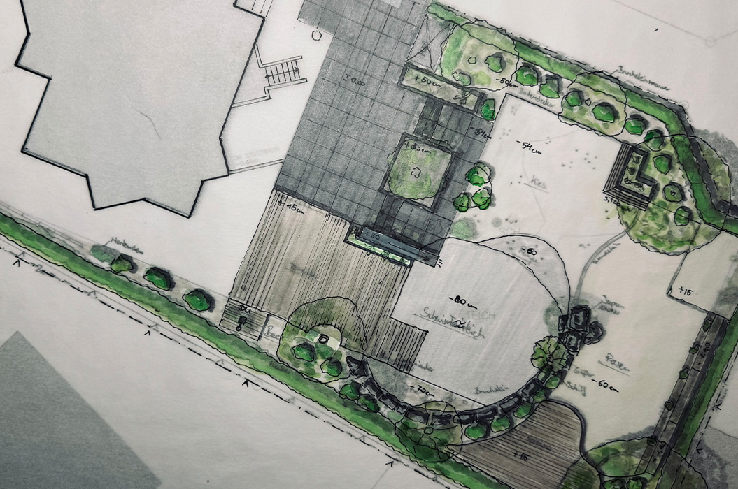 Handgezeichneter Gartenplan mit grauem Gebäude, grünen Bäumen und Wegen