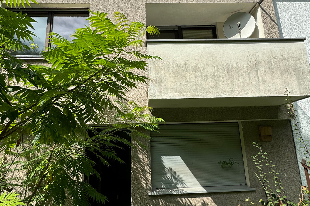 Verwitterter Hausbalkon in Grau mit Sat Schuessel und gruener Baumkrone