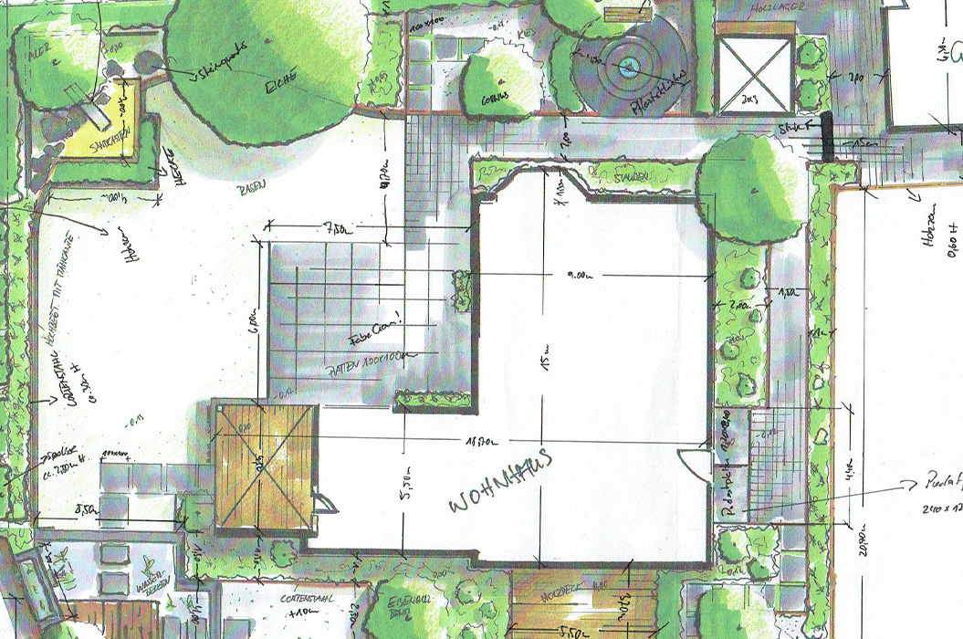 Farbiger Gartenplan ohne Personen mit Gruenflaechen und Wohnhaus Skizze