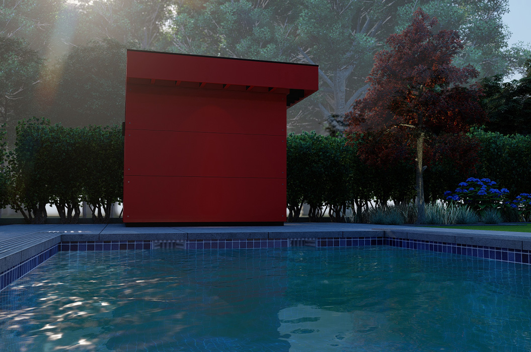Rotes modernes Poolhaus am Wasser mit Bäumen und Sonnenstrahlen im Hintergrund