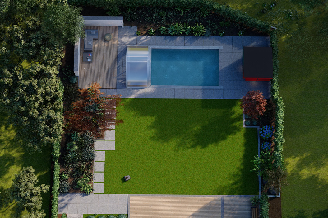 Draufsicht auf blauen Pool, grünen Rasen und Holzterrasse mit Liegen