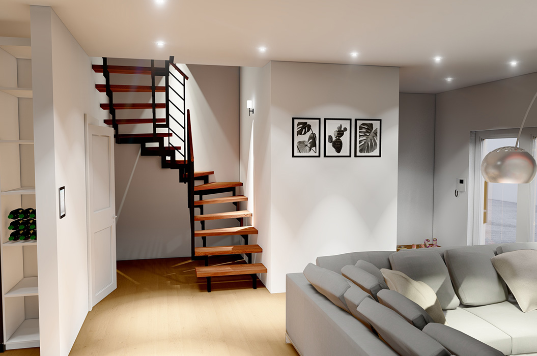 Modernes Wohnzimmer in Weiß und Grau mit Holztreppe und Sofa