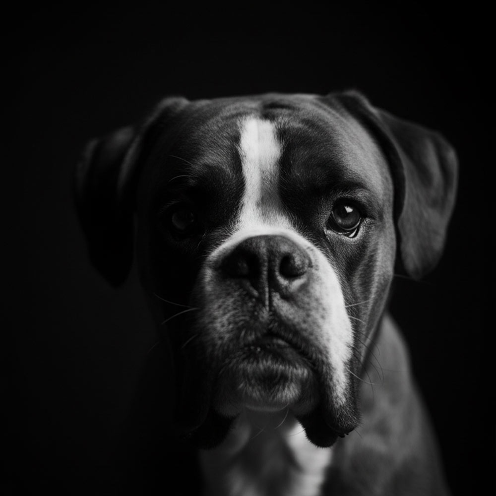 Ein brauner Boxer mit ernster Miene und weißen Streifen auf dunklem Hintergrund