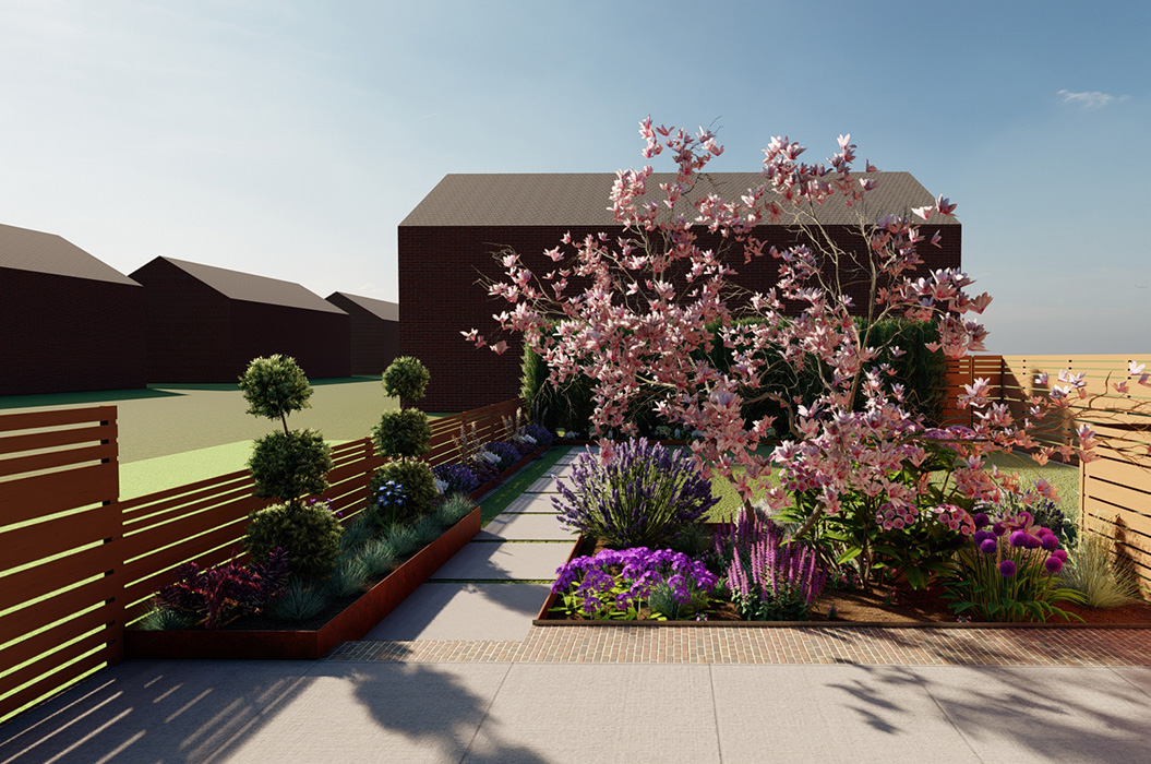 Sonniger Gartenweg mit rosa Blütenbaum und violetten Beeten vor dunklem Haus