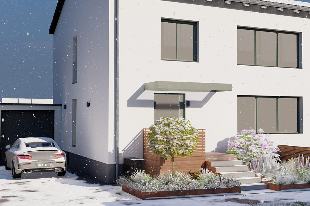 Modernes weisses Haus im Schnee mit Auto und Pflanzen im Vorgarten