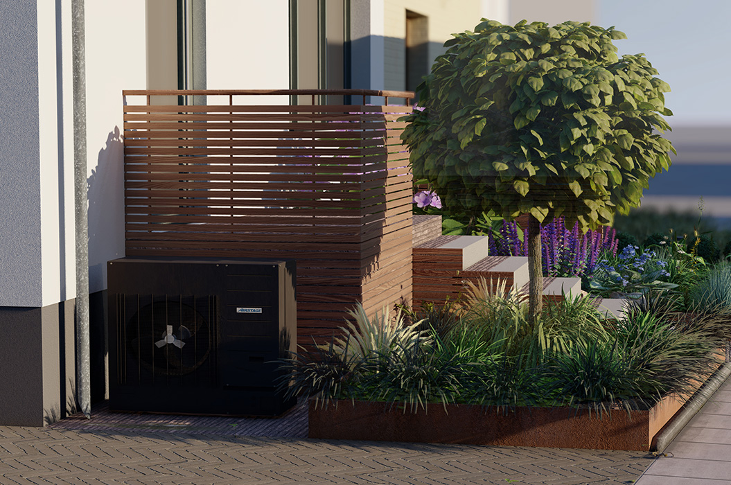 Moderne Terrassenecke mit braunem Lamellenzaun und grünen Pflanzenbeeten