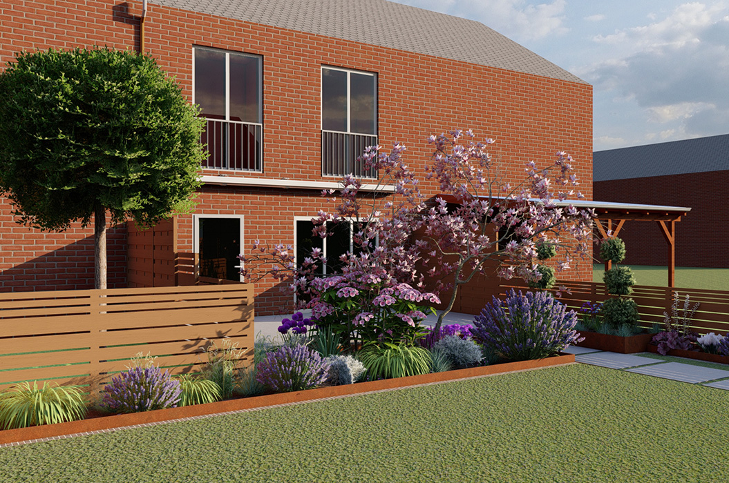Backsteinhaus mit neutraler Fassade und buntem Garten mit Blumenbeeten