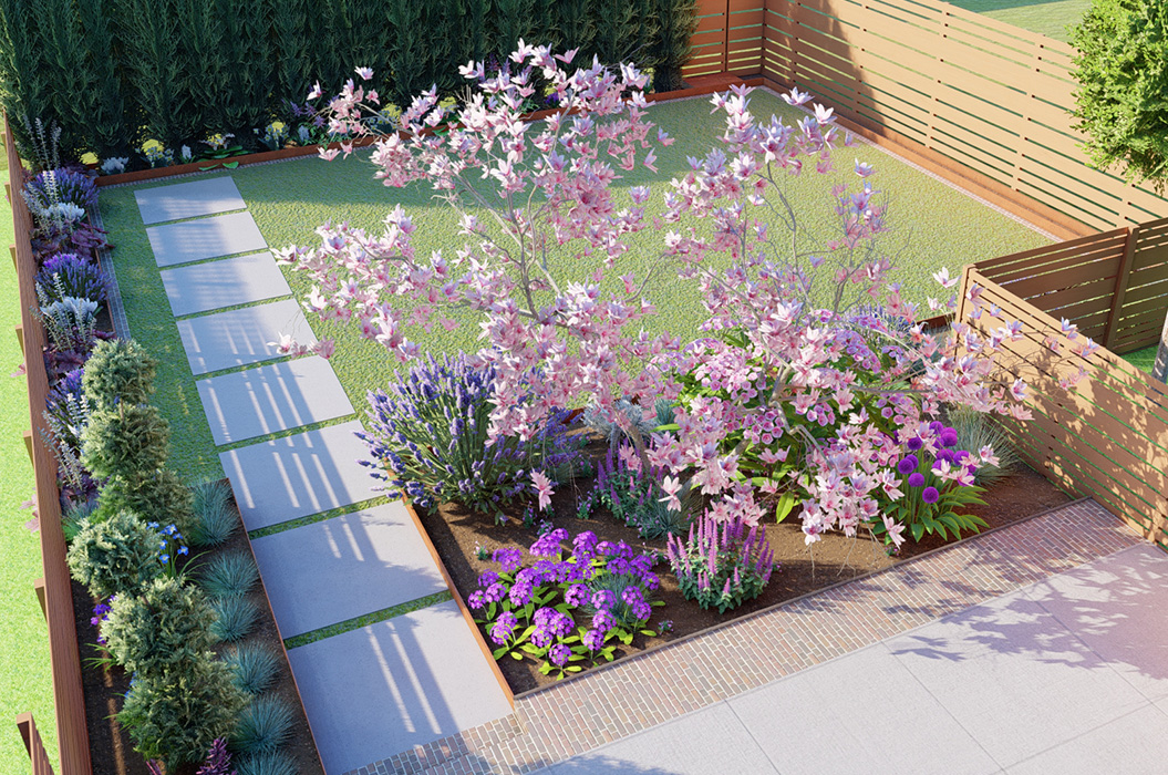 Modernes Gartendesign mit rosa Baum und violetten Blumen, sonnig