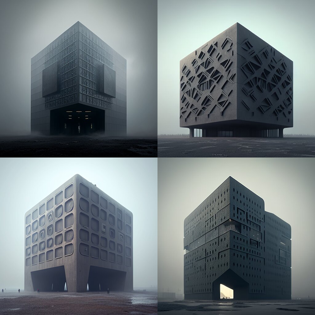 Vier dunkle kubische Gebaeude im Nebel mit geometrischen Fassadenmustern