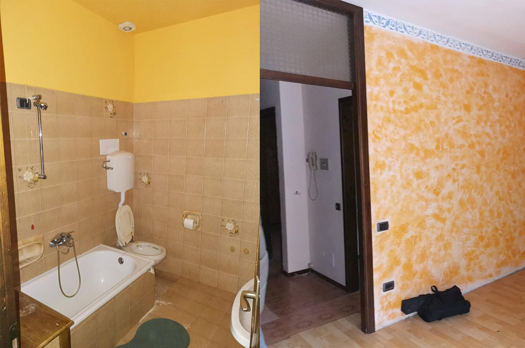 Geteiltes Bild von kleinem Bad und Flur mit gelben Waenden und Tuer