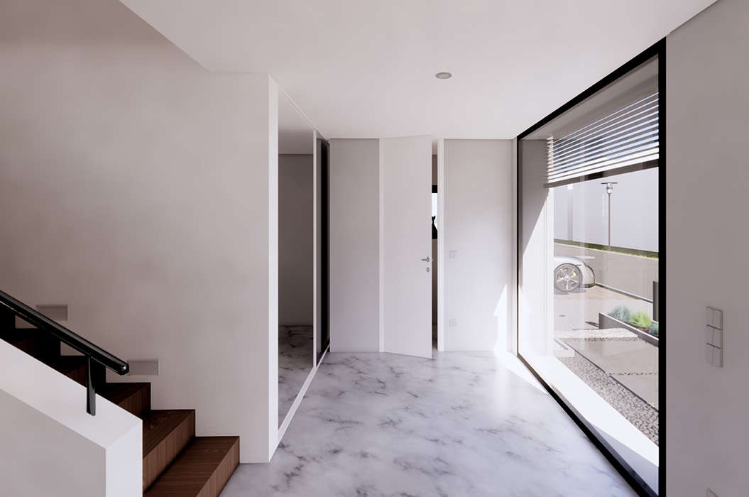 Heller moderner Flur mit Marmorboden, Treppe und grosser Fensterfront