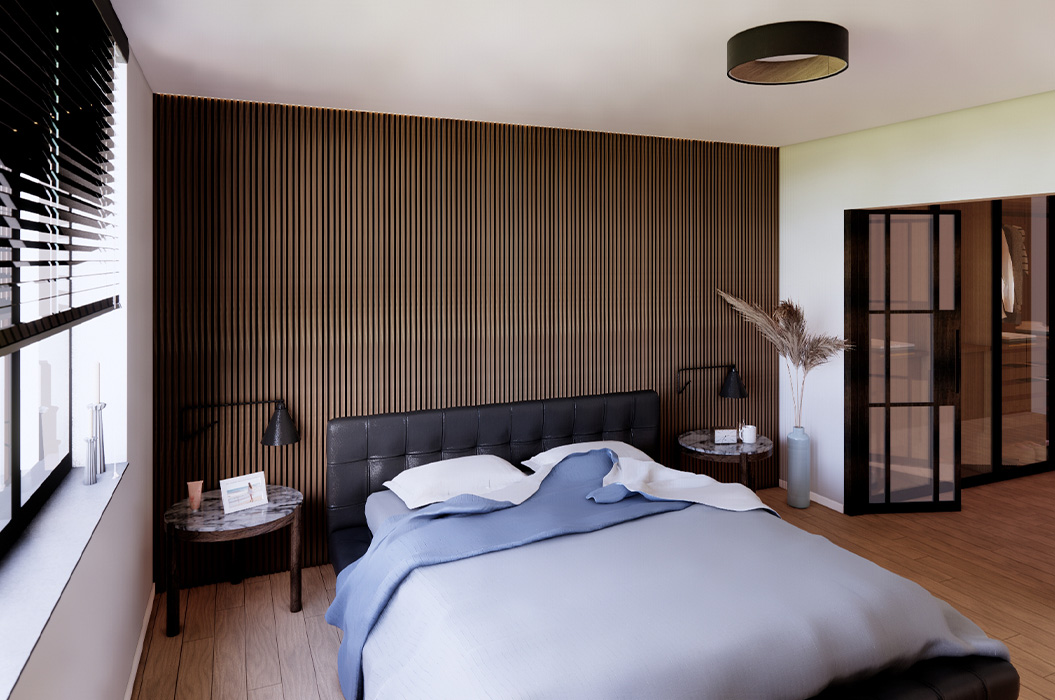Modernes Schlafzimmer mit dunklem Paneelbett und blauer Decke, Vase mit Pampasgras
