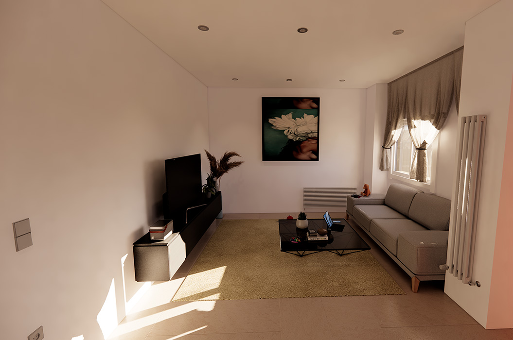 Leeres Wohnzimmer mit grauem Sofa, TV, beigem Teppich und Blumenbild, hell