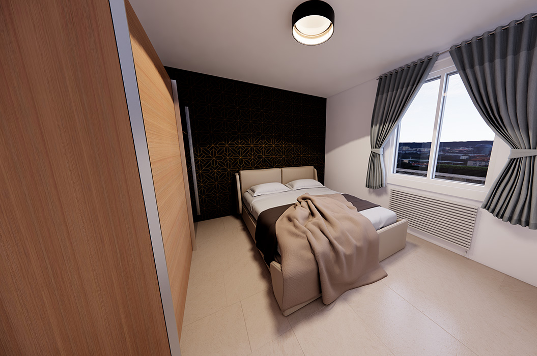 Modernes Schlafzimmer in Beige und Grau mit gemachtem Bett und Fensterblick