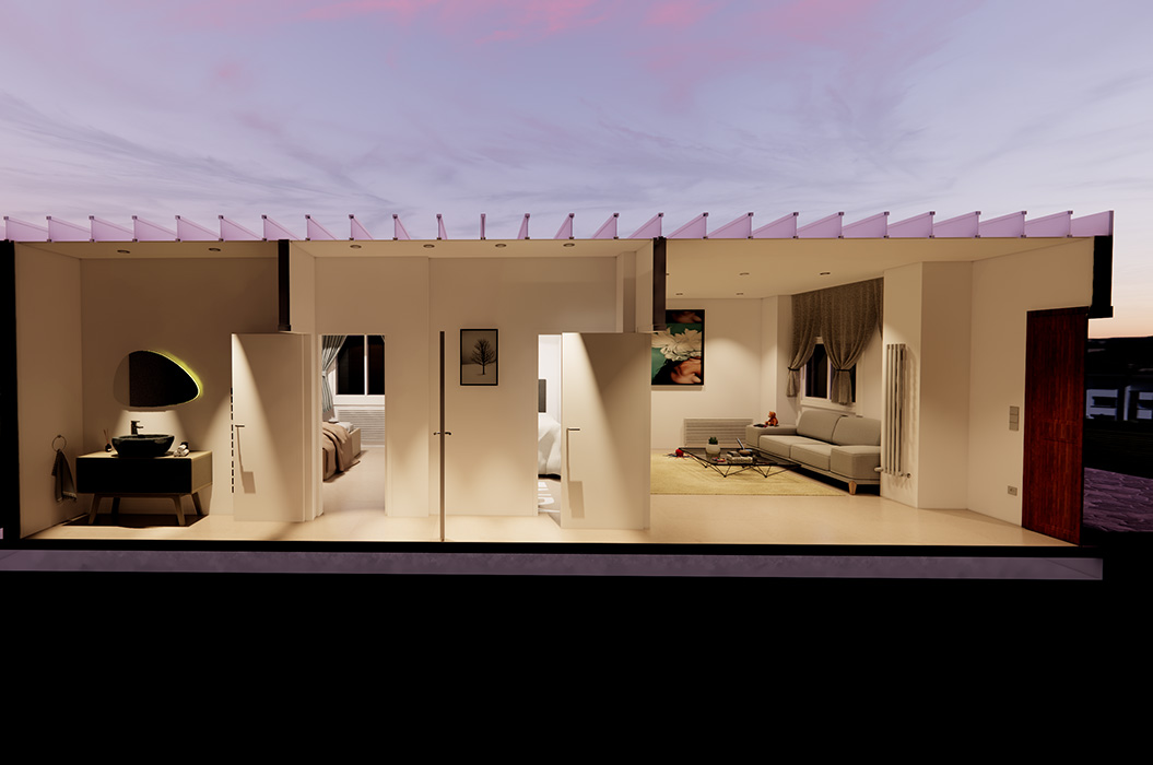 Modernes Hausinterieur in Weiss und Beige mit Sofa und Lampen, Abendlicht