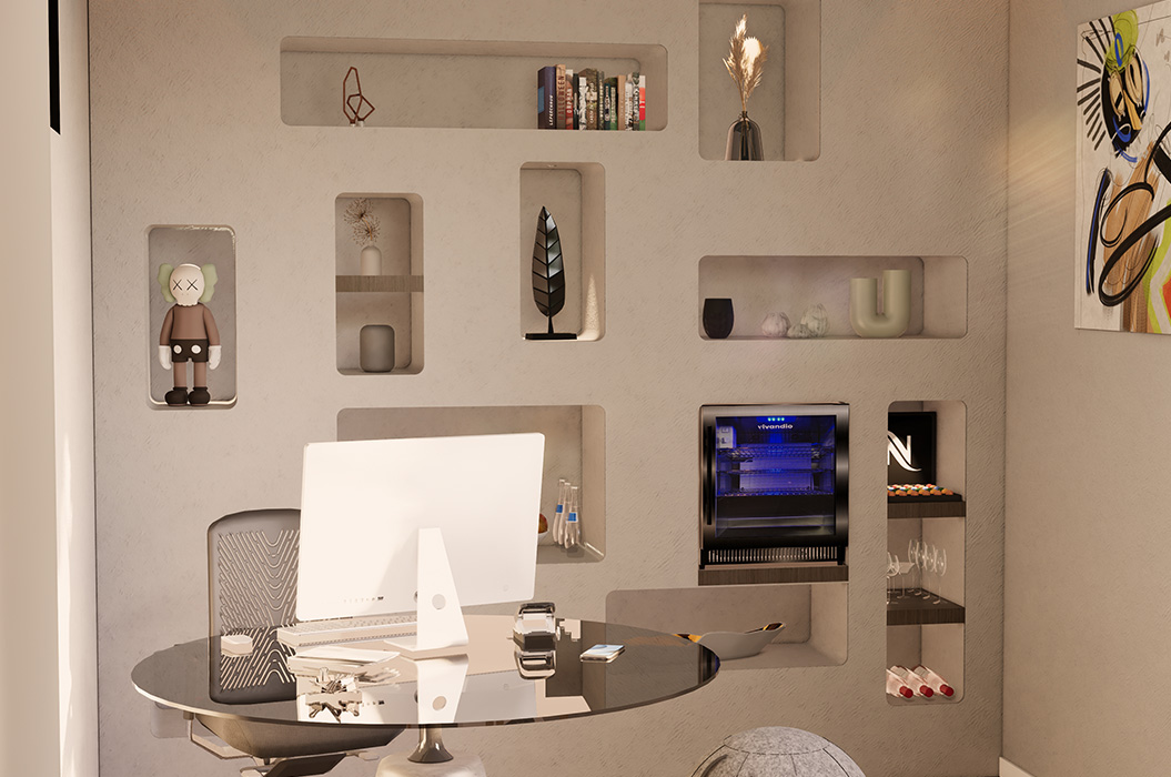 Arbeitszimmer ohne Personen mit modernem Schreibtisch in Weiß Grau und Wandnischen mit Deko und Büchern