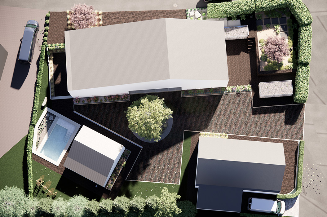 Luftansicht eines modernen Hauses mit Pool, Garten und Einfahrt in Grau und Grün