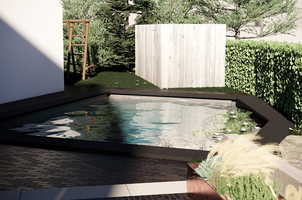 Ruhiger Gartenpool mit schwarzem Rand, Holzsichtschutz und Hecke