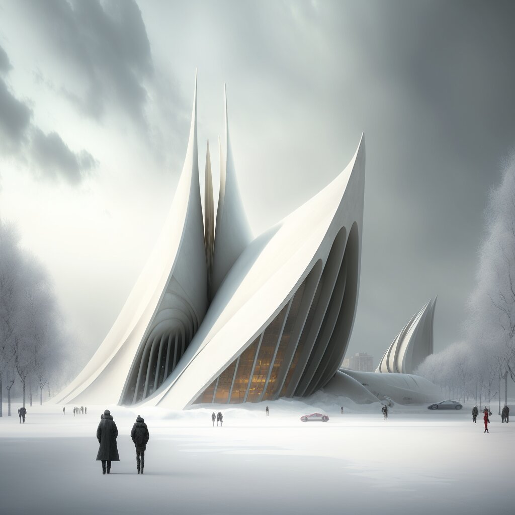 Zwei Personen gehen durch Schnee zu weißem futuristischem Gebäude mit Bögen