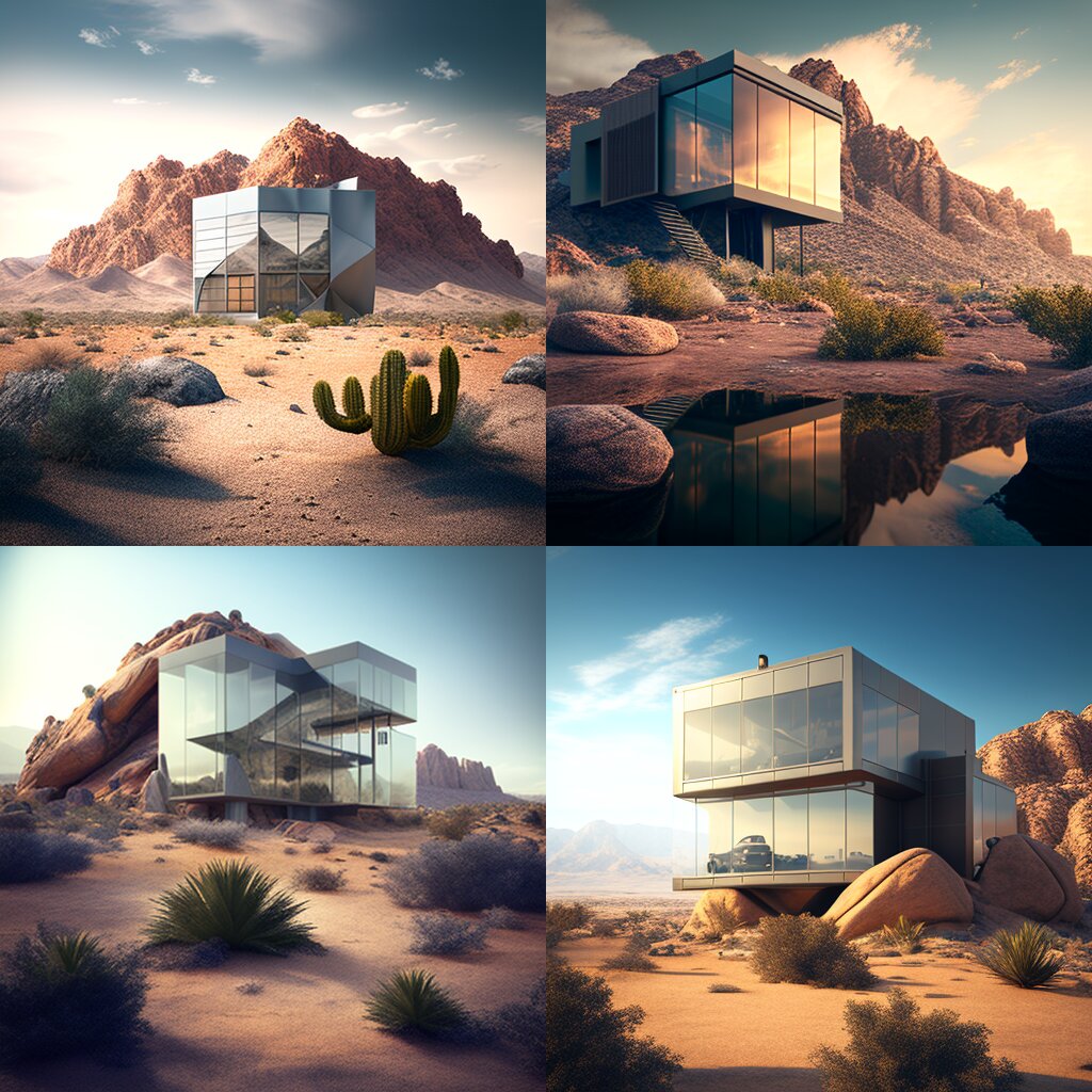 Moderne Glashaeuser in der Wuestenlandschaft wirken ruhig und klar in Sandfarben