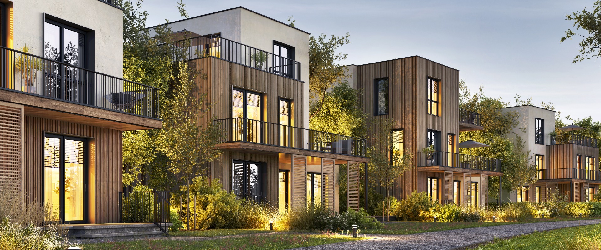 Abendansicht der schönen Häuser moderner Architektur