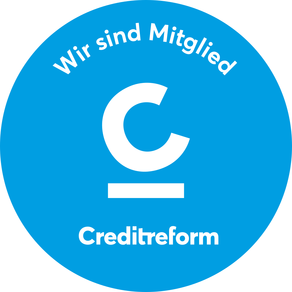 Blaues Siegel mit weissem C Logo und Schrift Wir sind Mitglied Creditreform