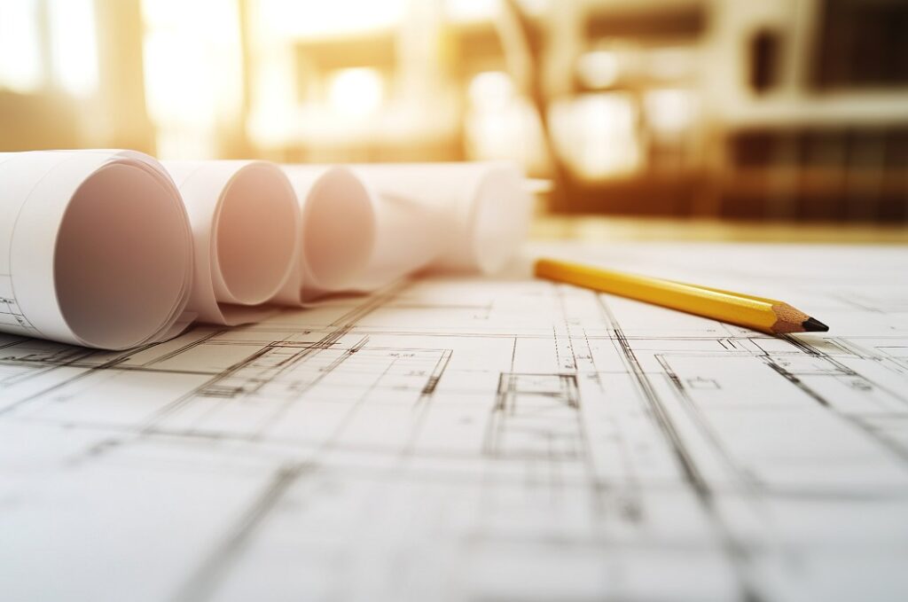 Zeichnen. Architekturplan auf einem Zeichentisch mit Bleistift und Lineal im warmen Lampenlicht. Immobilienanzeigen.