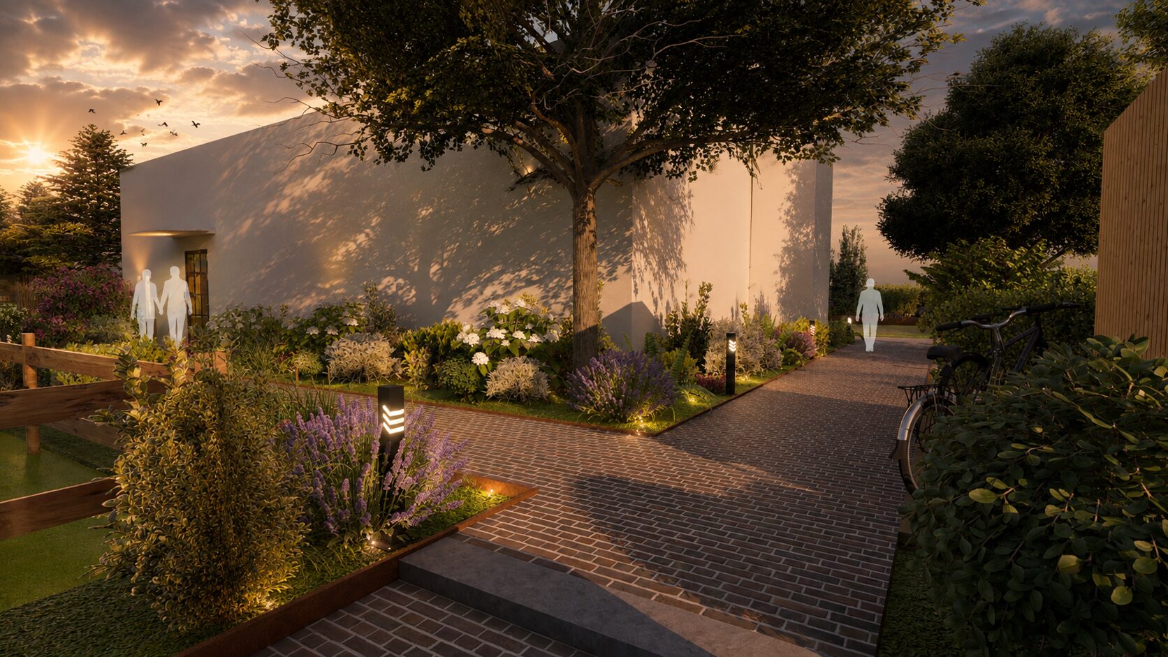 Beleuchteter Gartenweg mit Baum, Lavendel und Personen im Abendlicht