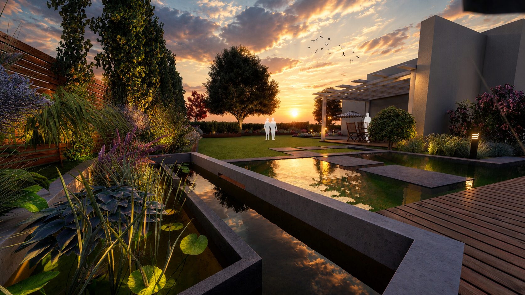 Moderner Garten mit Wasserbecken und Terrasse im warmen Sonnenuntergang