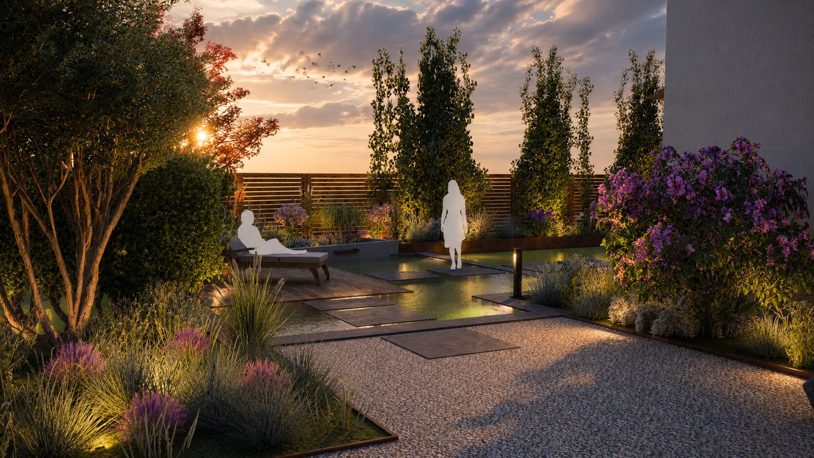 Ein moderner Garten mit leuchtenden Figuren bei Sonnenuntergang und lila Blumen