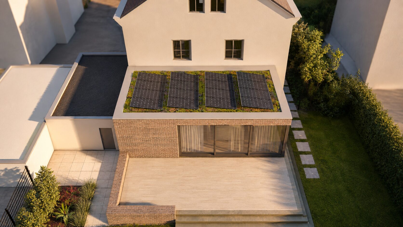 Solaranlage auf einem begruenten Flachdach eines modernen Wohnhauses aus Ziegel