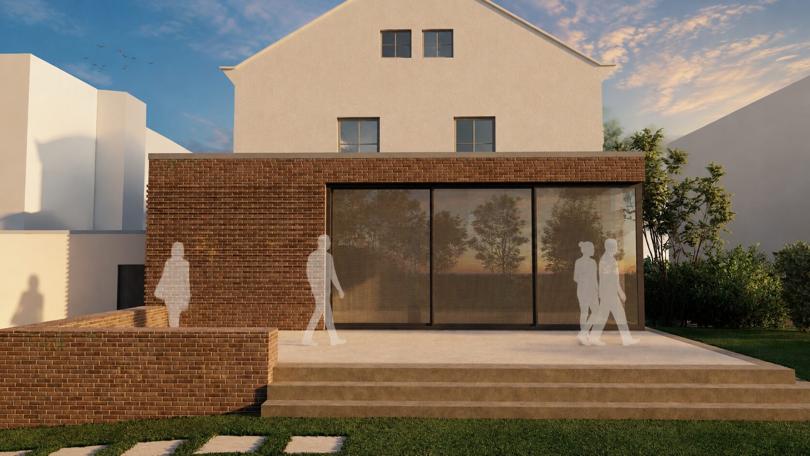 Modernes Haus mit Backsteinanbau und grossen Glasfronten bei Sonnenuntergang