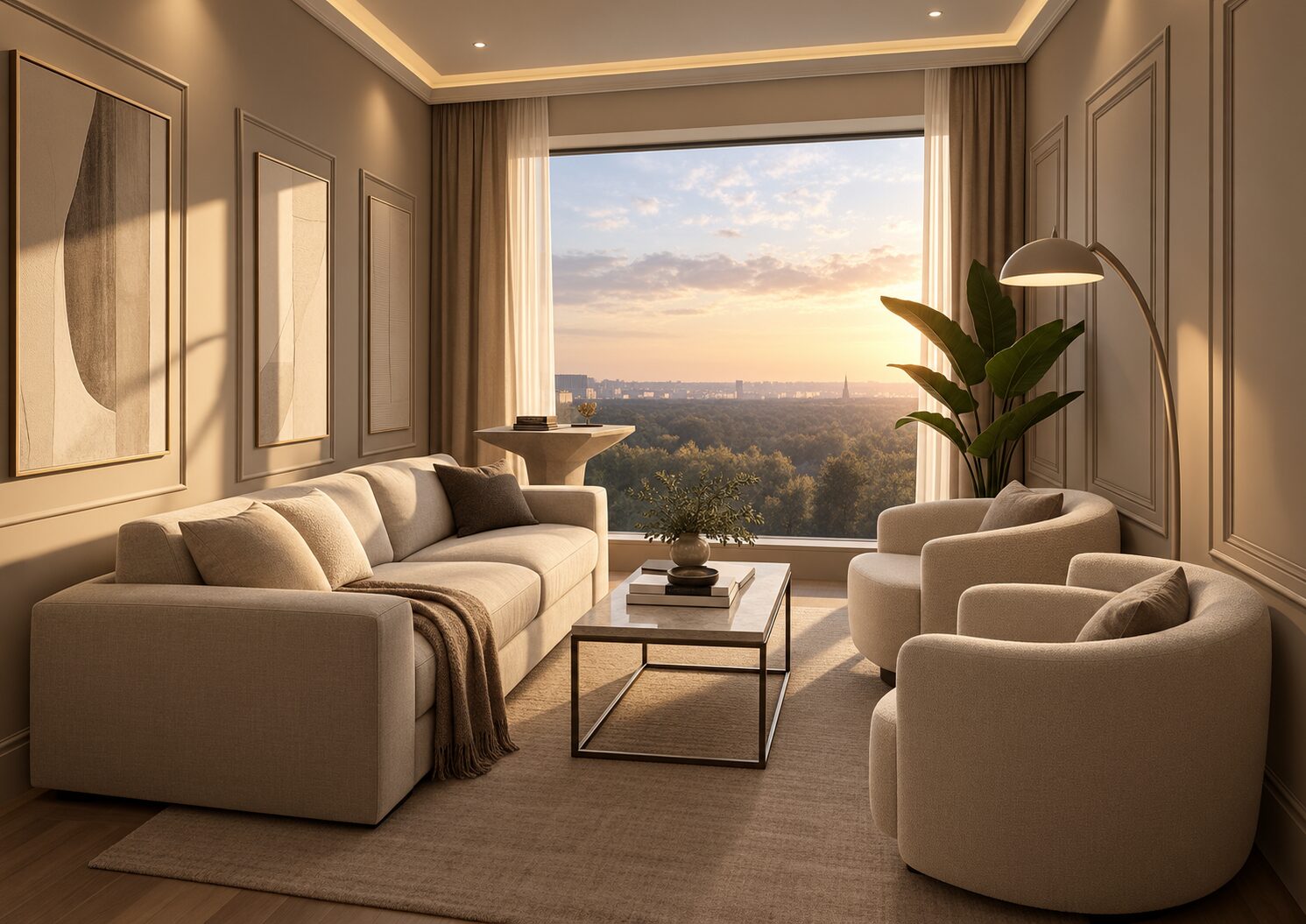 Elegantes beiges Wohnzimmer mit Sofa und Sesseln vor einem Fenster bei Sonnenuntergang