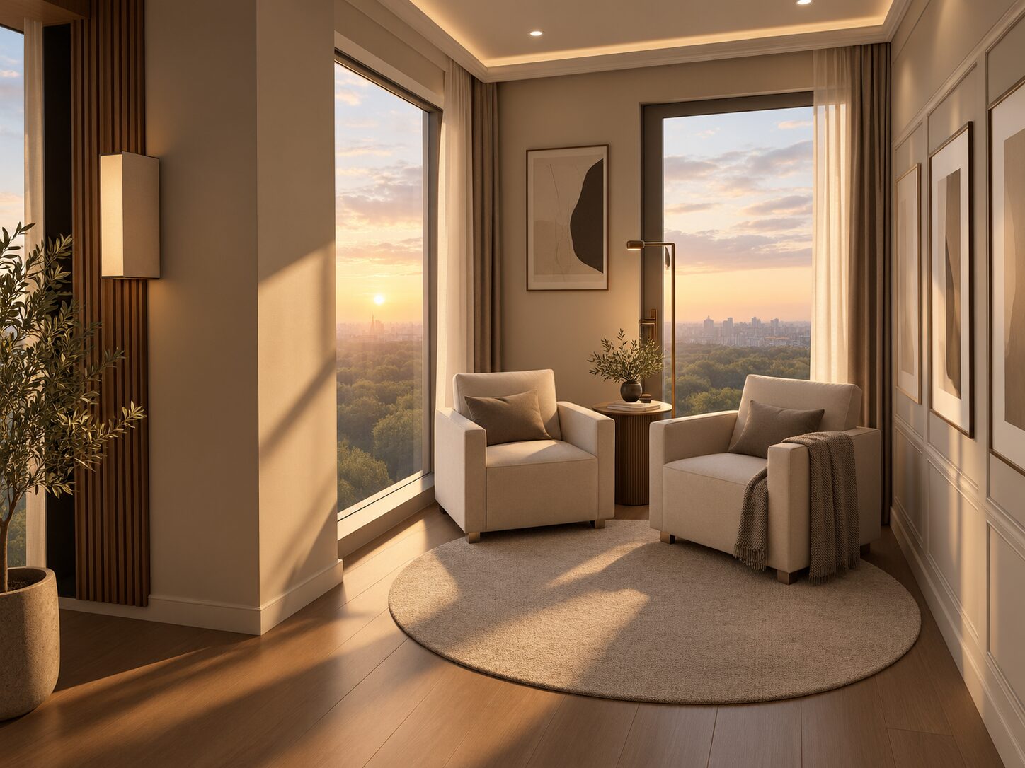 Gemuetliche Sitzecke in Beige mit zwei Sesseln und Sonnenuntergang am Fenster