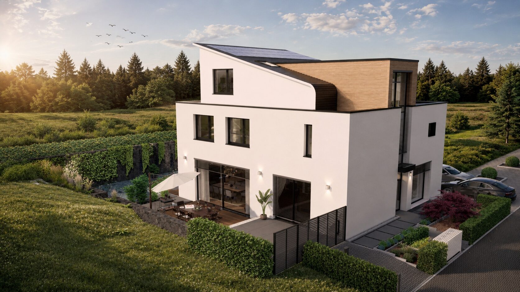 Modernes weisses Einfamilienhaus mit Solaranlage und Terrasse im Gruenen