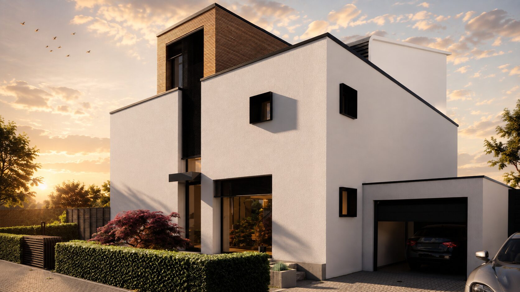 Modernes weisses Einfamilienhaus mit Holzfassade und Garage im Sonnenuntergang