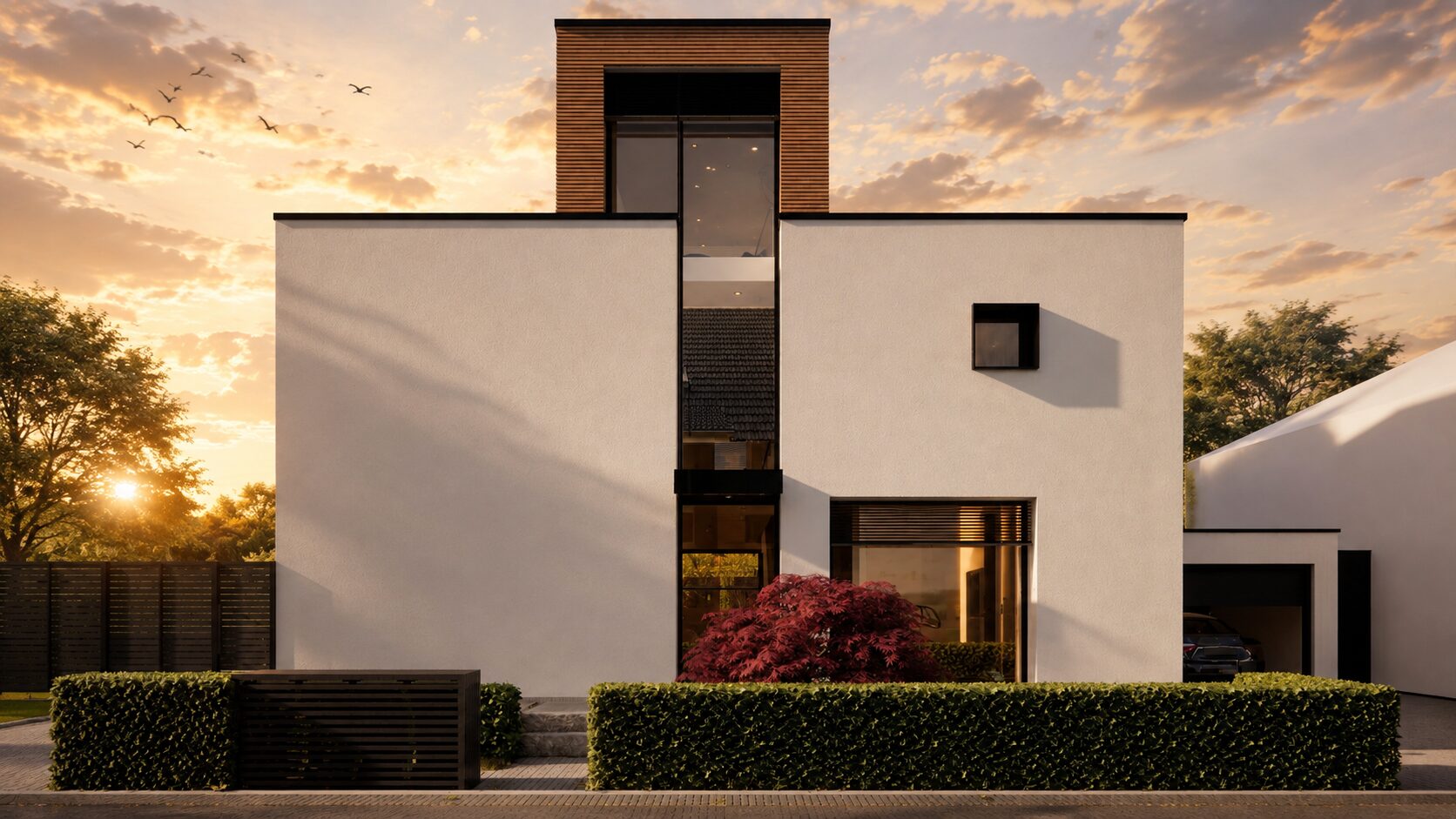 Modernes weisses Haus mit Holzakzenten und Heckengarten bei Sonnenuntergang
