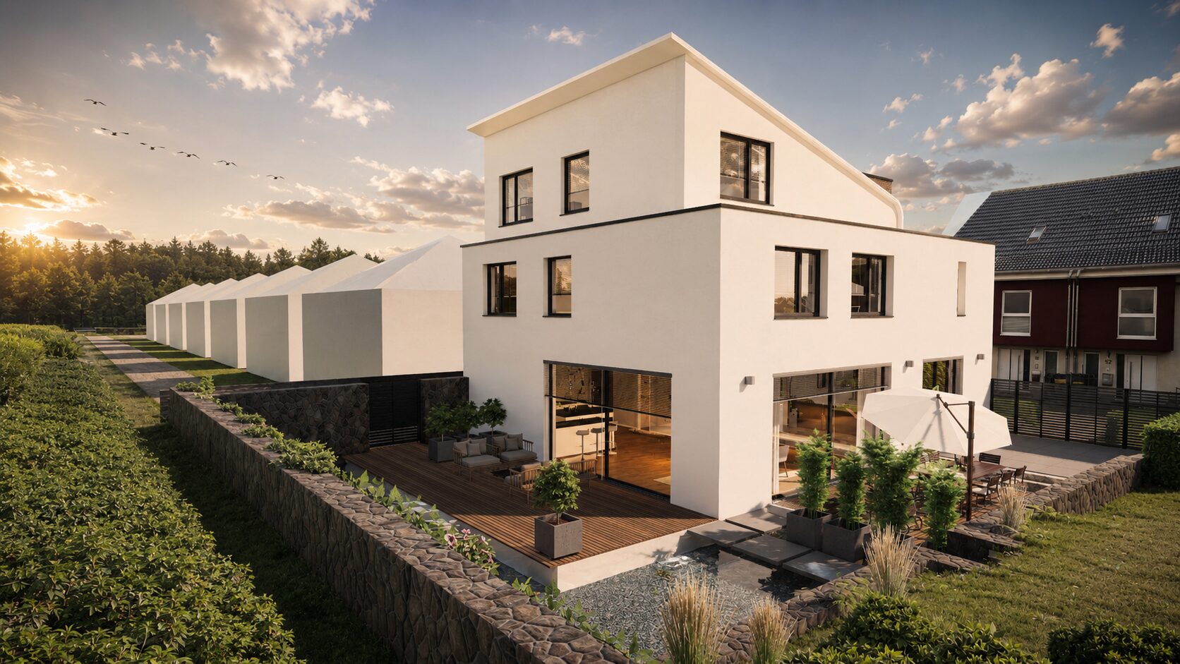 Modernes weisses Wohnhaus mit Terrasse und Garten im Sonnenuntergang